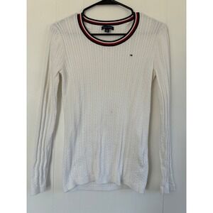 Tommy Hilfiger Womens White Cable Knit Sweater Striped Crew Neck Preppy Small‎